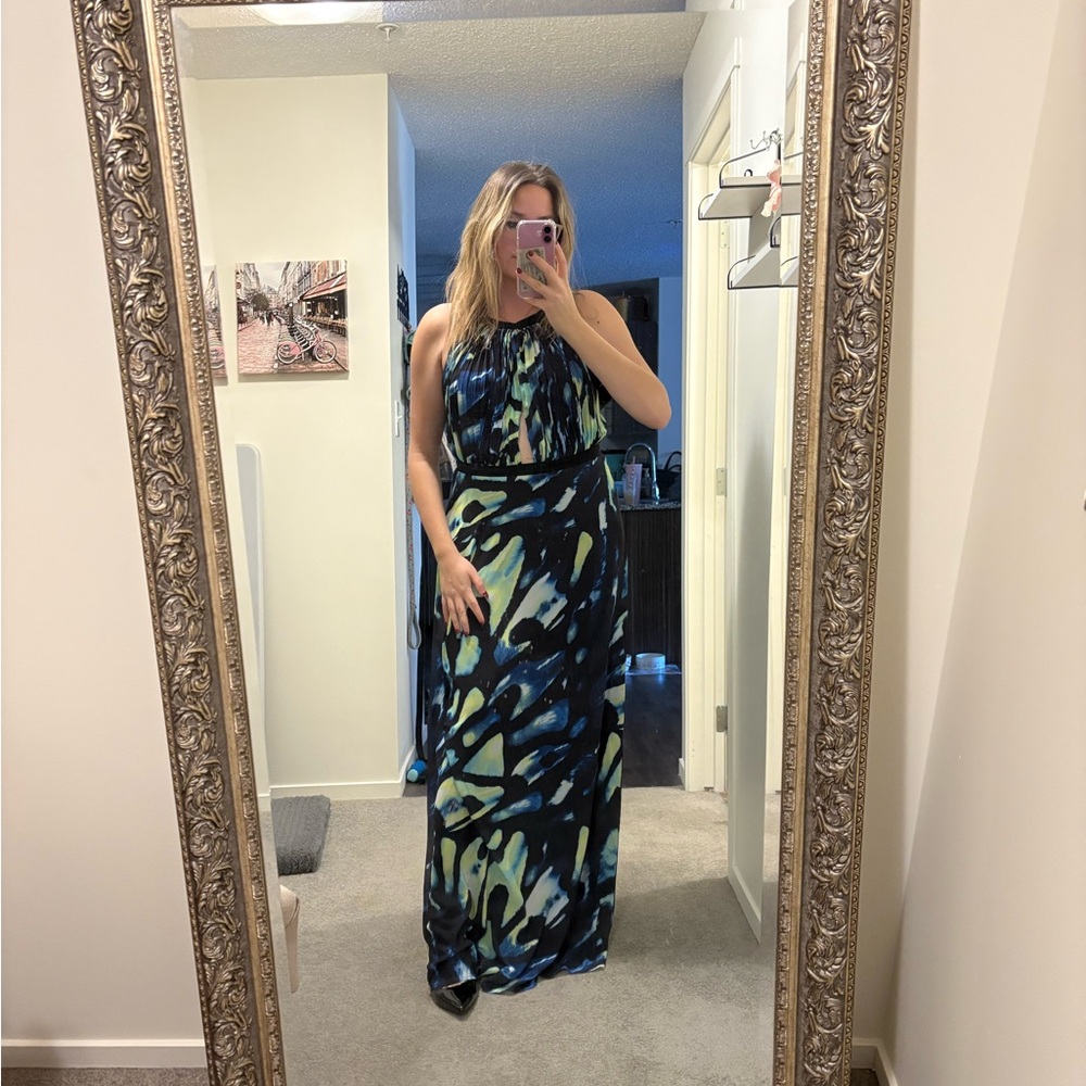 Le Chateau Chiffon Blue and Green Maxi Dress